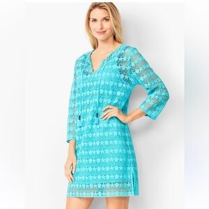 Talbots Size L Teal Cotton Crochet Beach Tunic Cover up Dress NEW!